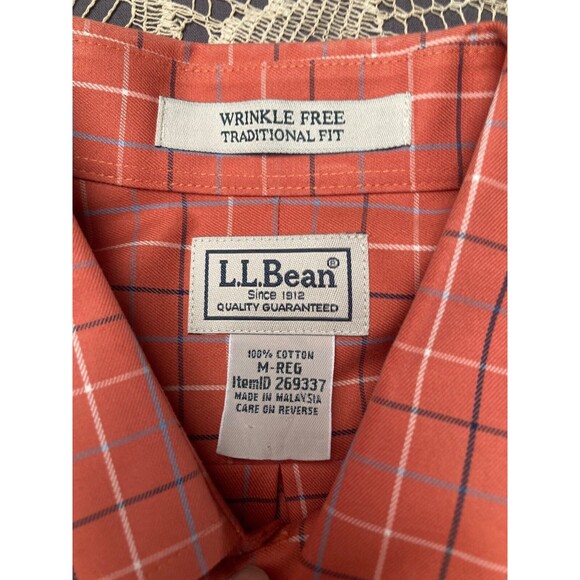LL Bean Button Down Shirt Oxford Orange Plaid Long Sleeve Casual Size Medium - Picture 4 of 6